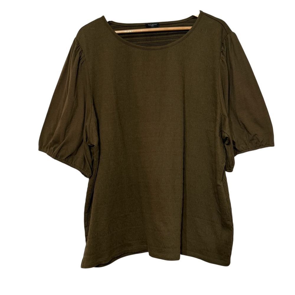 Talbots Pucker Knit Top Olive Green Boxy Minimalist Neutral 3X